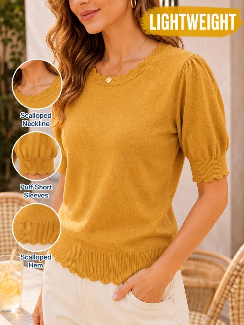 Women's Mustard Yellow short Sleeve Imported Pull On Casual Crew Neck Sweater - Picture 3 of 6